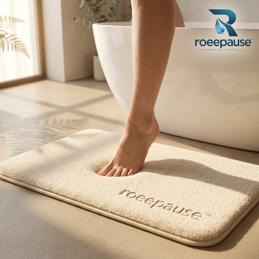 roeepause™ CloudStrata Memory Foam Bath Mat | 20mm High-Density Slow-Rebound Viscoelastic Core with Ultra-Soft Capillary Velvet & Heavy-Duty Anti-Slip SBR Rubber Base