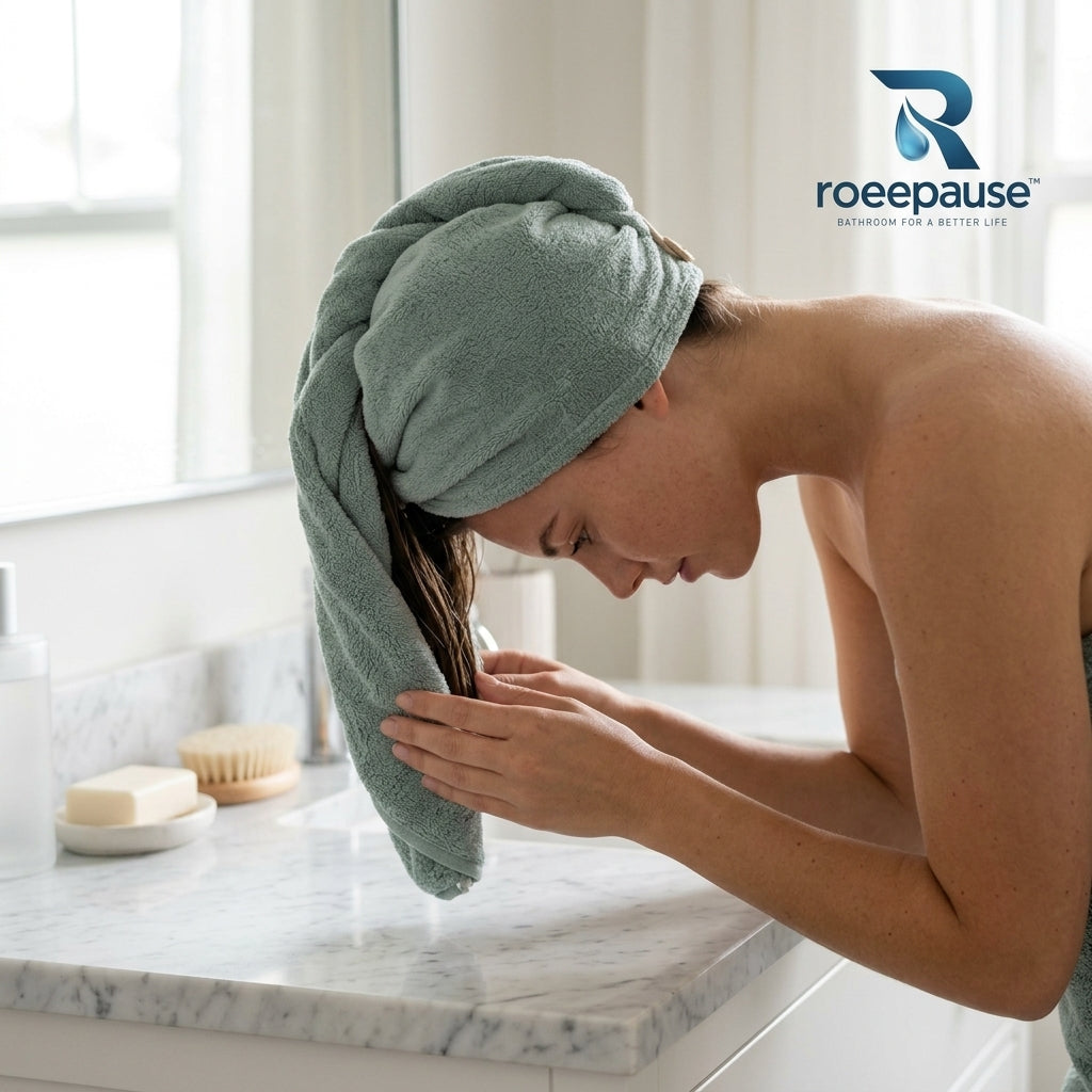 roeepause™ SoftTwist Microfiber Fast-Dry Hair Wrap | 450 GSM High-Pile Coral Fleece Turban with Anti-Snag Resin Button Anchor & Zero-Friction Capillary Drying