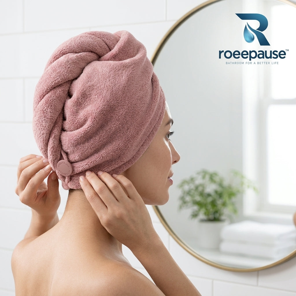 roeepause™ SoftTwist Microfiber Fast-Dry Hair Wrap | 450 GSM High-Pile Coral Fleece Turban with Anti-Snag Resin Button Anchor & Zero-Friction Capillary Drying