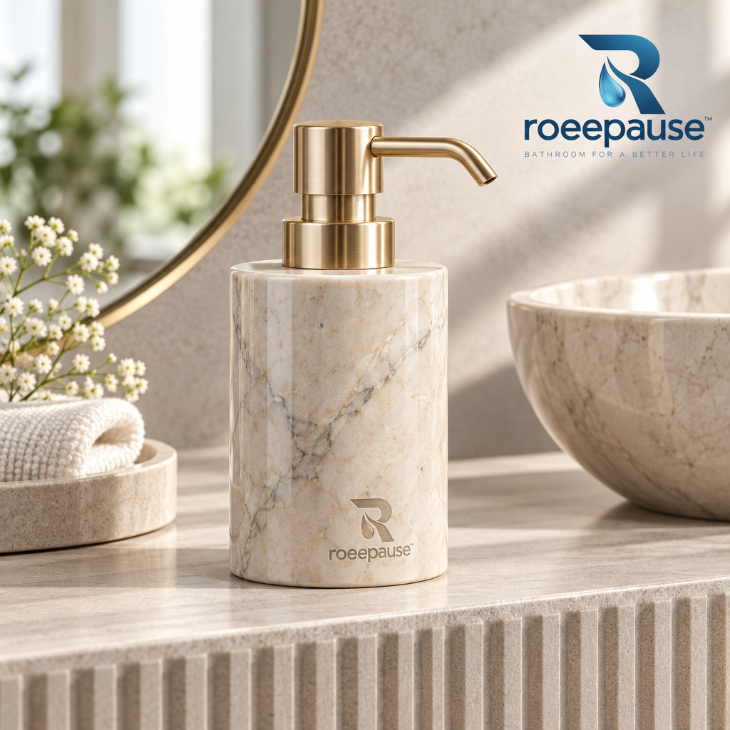 roeepause™ StoneMist Countertop Natural Marble Soap Dispenser | Monolithic Lathe-Turned Heavyweight Stone with SUS 304 Brushed Champagne-Gold Anti-Drip Pump & Wide-Bore Refill Neck