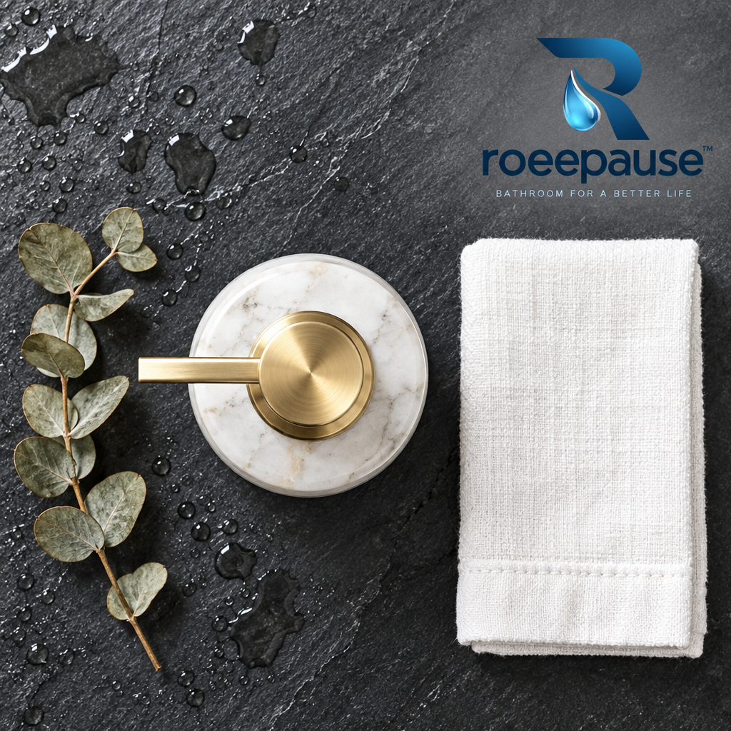 roeepause™ StoneMist Countertop Natural Marble Soap Dispenser | Monolithic Lathe-Turned Heavyweight Stone with SUS 304 Brushed Champagne-Gold Anti-Drip Pump & Wide-Bore Refill Neck