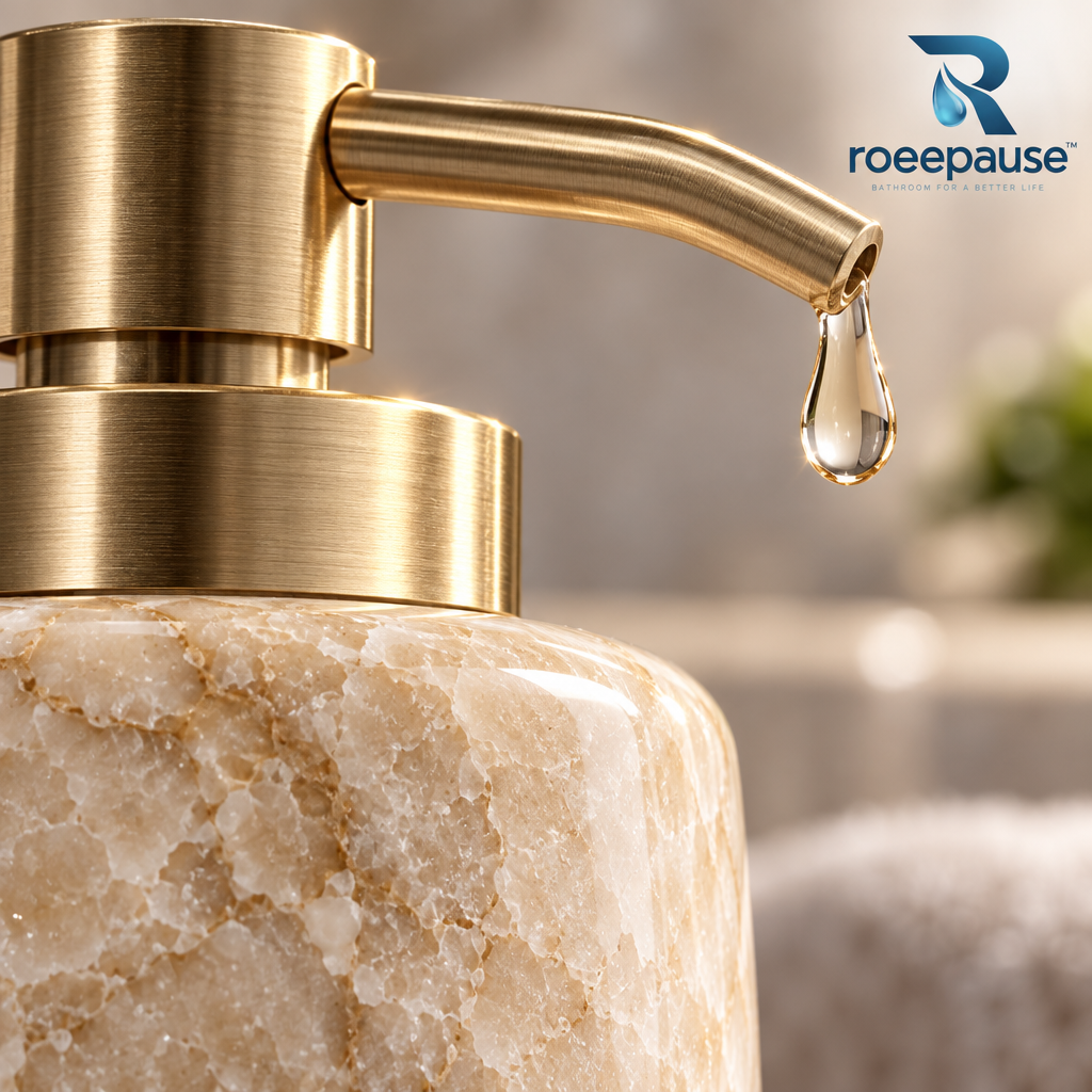 roeepause™ StoneMist Countertop Natural Marble Soap Dispenser | Monolithic Lathe-Turned Heavyweight Stone with SUS 304 Brushed Champagne-Gold Anti-Drip Pump & Wide-Bore Refill Neck