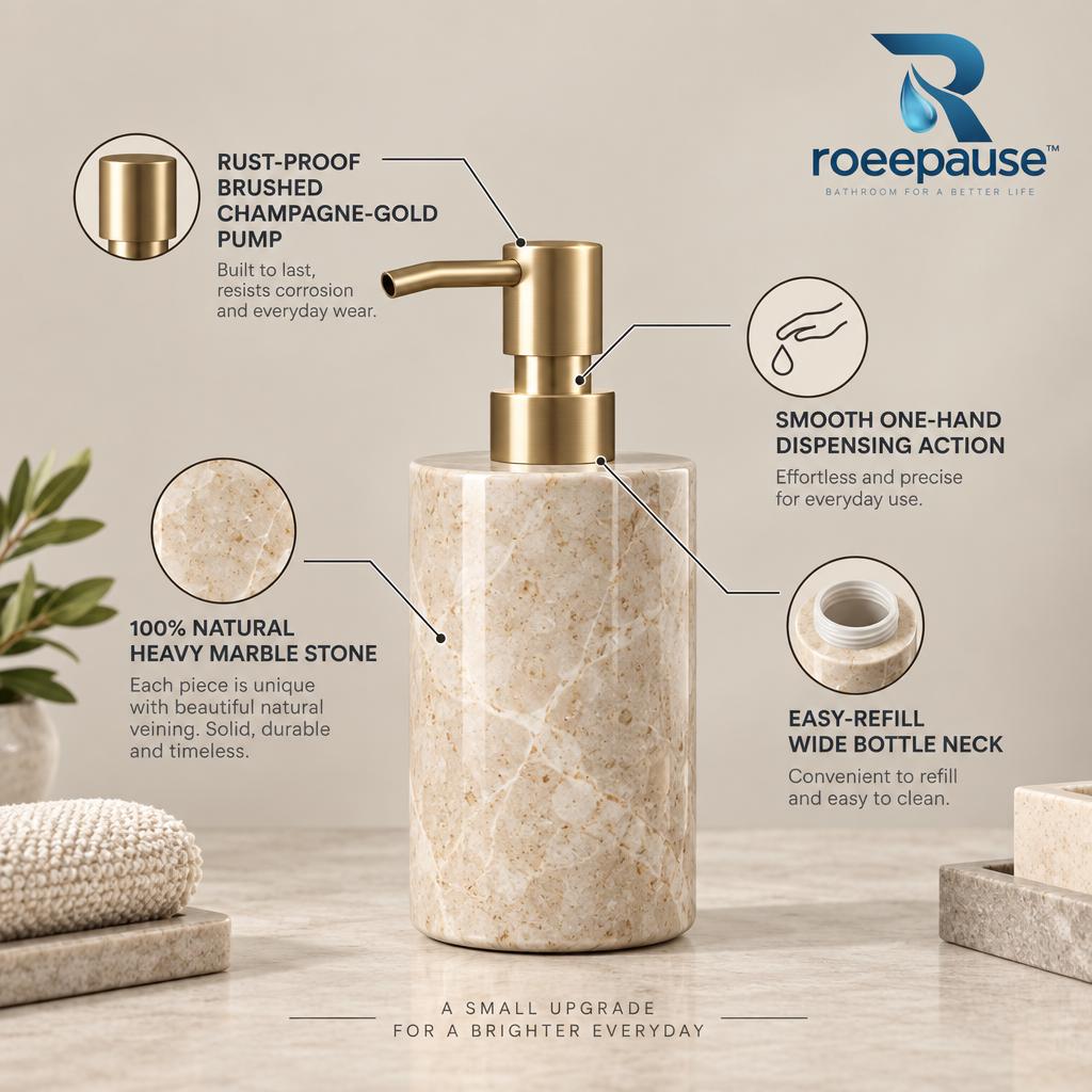roeepause™ StoneMist Countertop Natural Marble Soap Dispenser | Monolithic Lathe-Turned Heavyweight Stone with SUS 304 Brushed Champagne-Gold Anti-Drip Pump & Wide-Bore Refill Neck