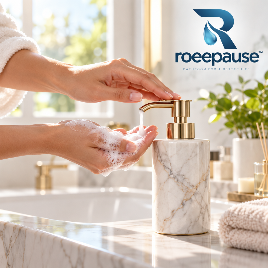 roeepause™ StoneMist Countertop Natural Marble Soap Dispenser | Monolithic Lathe-Turned Heavyweight Stone with SUS 304 Brushed Champagne-Gold Anti-Drip Pump & Wide-Bore Refill Neck