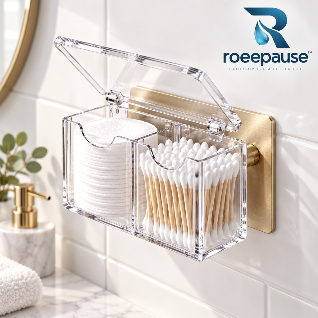 roeepause™ AeroDrain Wall-Mounted Magnetic Cotton Pad Holder | 92% Optical-Grade Crystal Acrylic Dual-Chamber Vanity Caddy with Brushed Champagne-Gold Magnetic Dock & Steam-Proof Hinged Lid