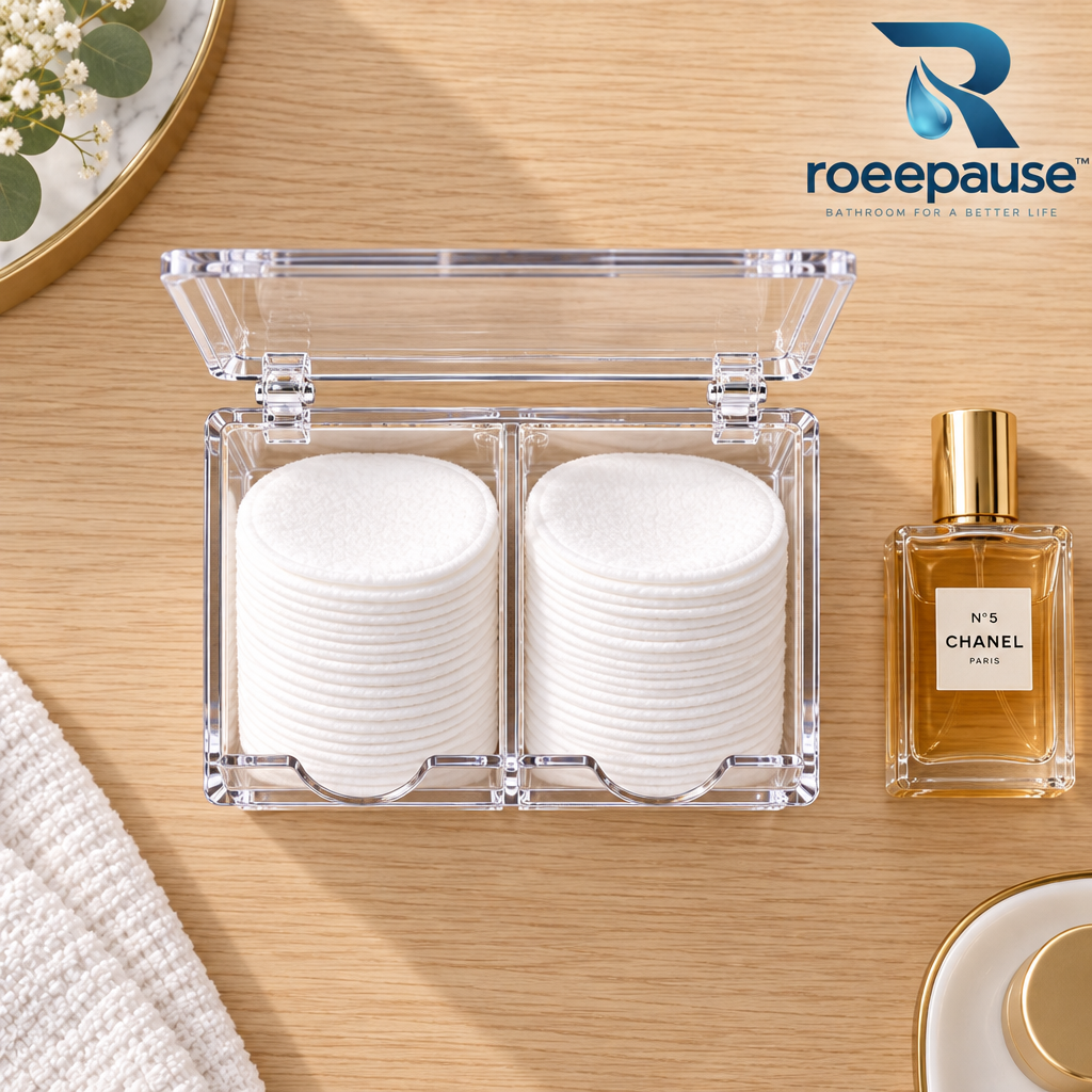 roeepause™ AeroDrain Wall-Mounted Magnetic Cotton Pad Holder | 92% Optical-Grade Crystal Acrylic Dual-Chamber Vanity Caddy with Brushed Champagne-Gold Magnetic Dock & Steam-Proof Hinged Lid