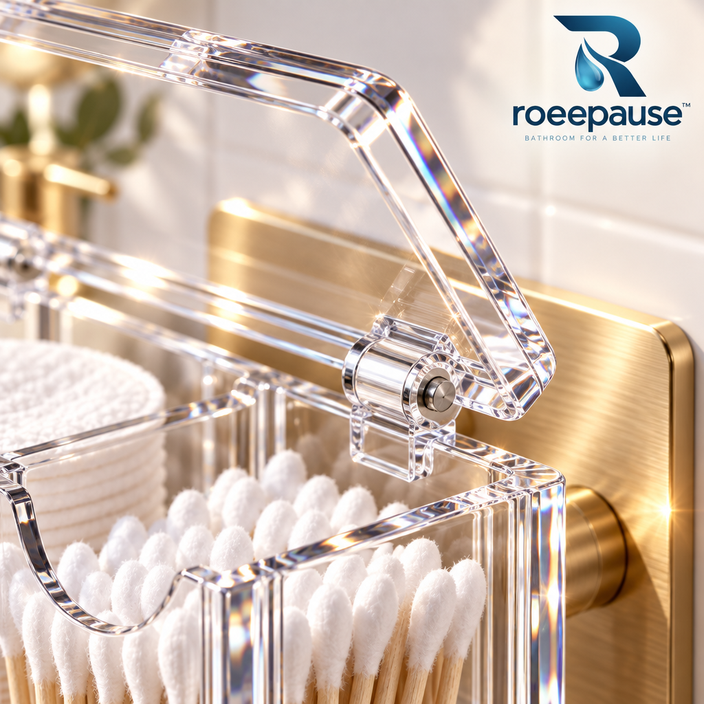 roeepause™ AeroDrain Wall-Mounted Magnetic Cotton Pad Holder | 92% Optical-Grade Crystal Acrylic Dual-Chamber Vanity Caddy with Brushed Champagne-Gold Magnetic Dock & Steam-Proof Hinged Lid
