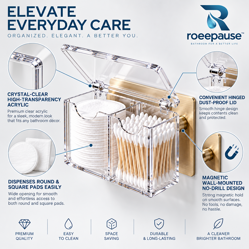 roeepause™ AeroDrain Wall-Mounted Magnetic Cotton Pad Holder | 92% Optical-Grade Crystal Acrylic Dual-Chamber Vanity Caddy with Brushed Champagne-Gold Magnetic Dock & Steam-Proof Hinged Lid