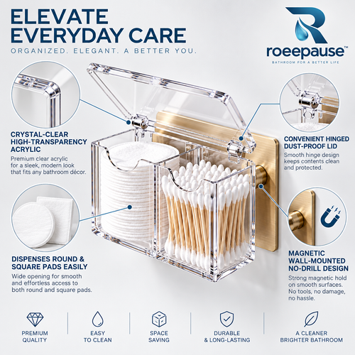 roeepause™ AeroDrain Wall-Mounted Magnetic Cotton Pad Holder | 92% Optical-Grade Crystal Acrylic Dual-Chamber Vanity Caddy with Brushed Champagne-Gold Magnetic Dock & Steam-Proof Hinged Lid