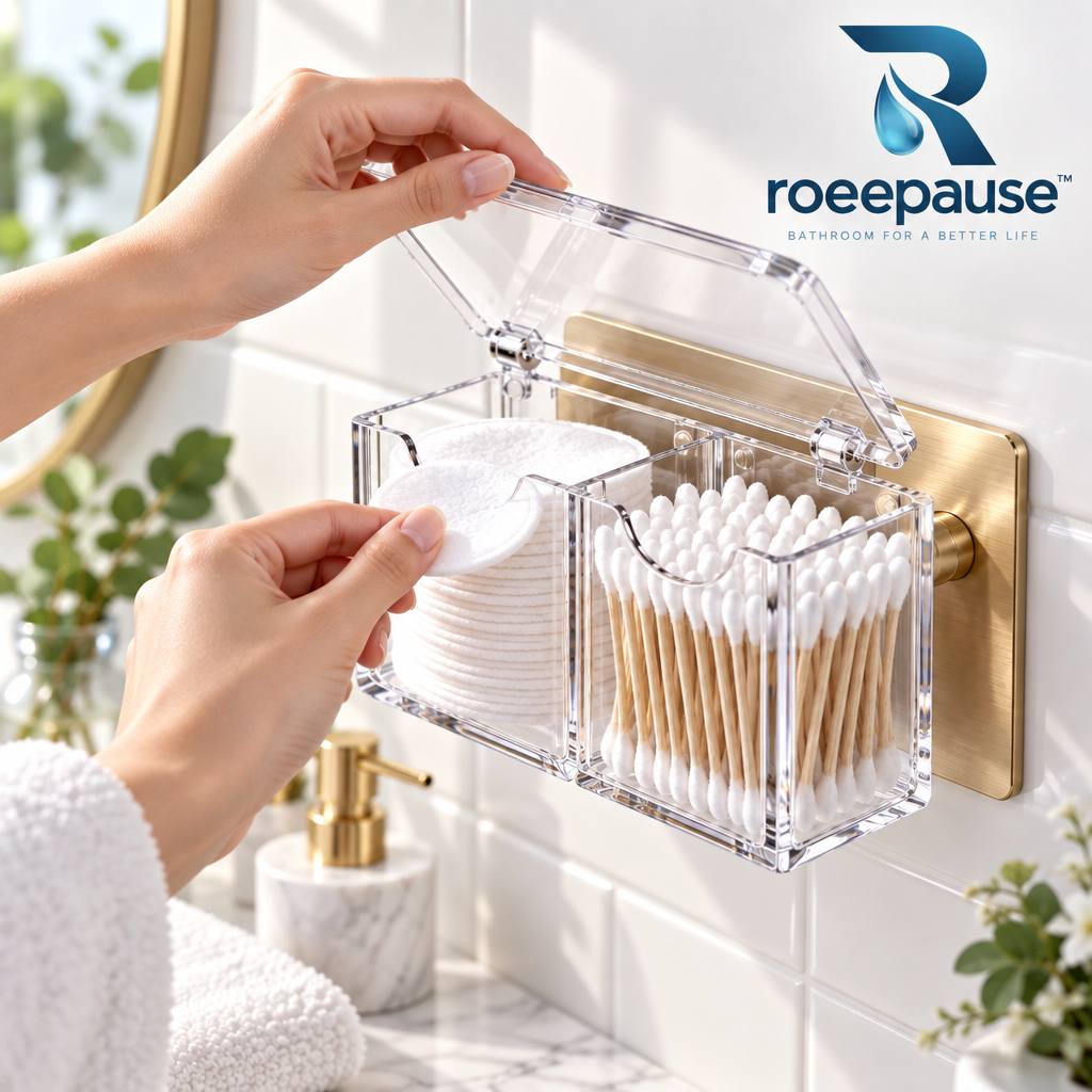 roeepause™ AeroDrain Wall-Mounted Magnetic Cotton Pad Holder | 92% Optical-Grade Crystal Acrylic Dual-Chamber Vanity Caddy with Brushed Champagne-Gold Magnetic Dock & Steam-Proof Hinged Lid