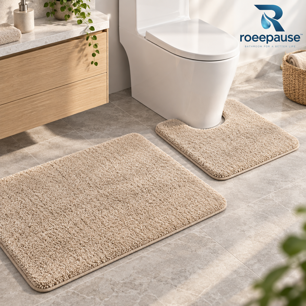 roeepause™ VelvetStep Plush Contour Bath Mat 2-Piece Set | 1800 GSM High-Density Microfiber Chenille Vanity Rug & Ergonomic U-Shaped Toilet Base with Heavy-Duty Non-Slip Latex Backing