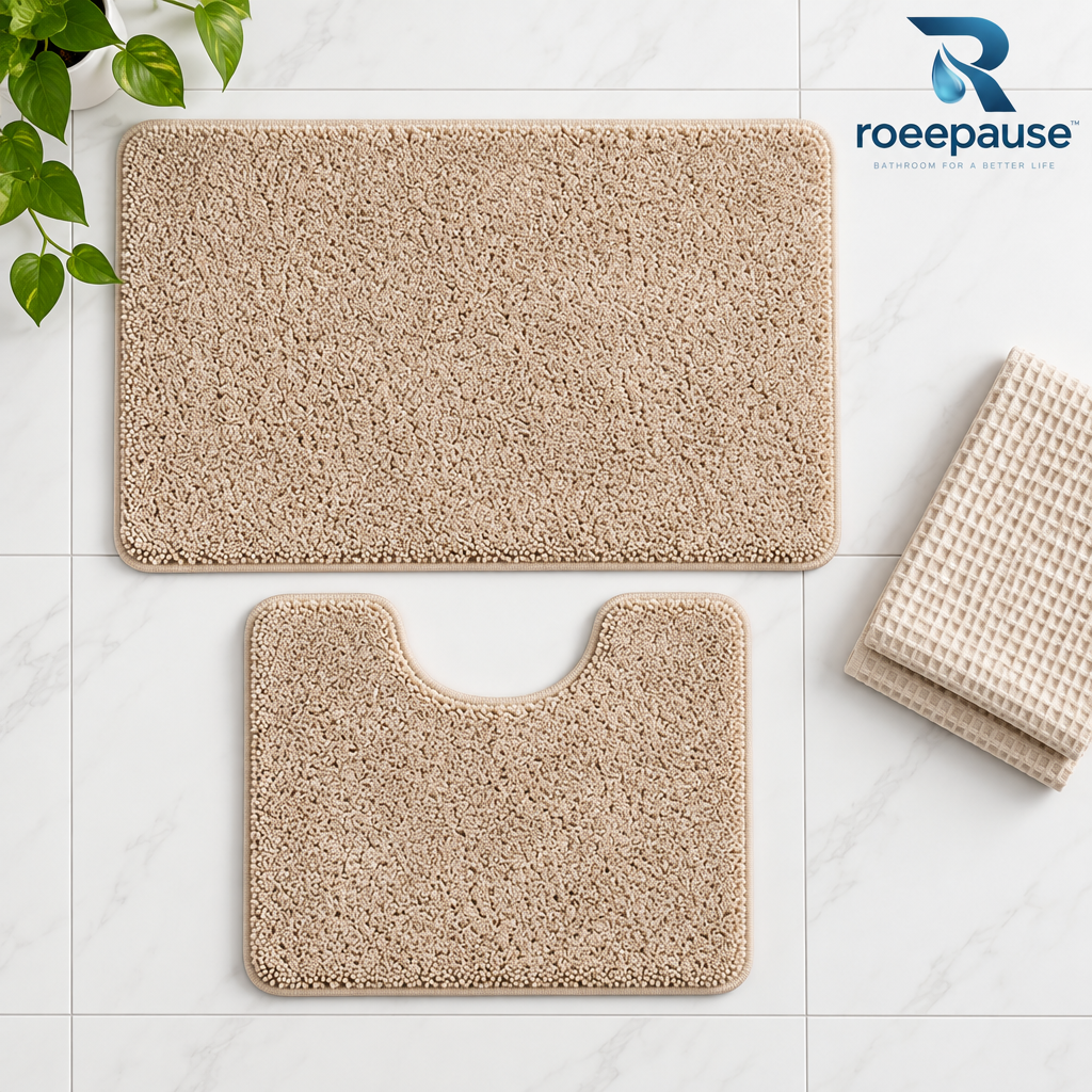 roeepause™ VelvetStep Plush Contour Bath Mat 2-Piece Set | 1800 GSM High-Density Microfiber Chenille Vanity Rug & Ergonomic U-Shaped Toilet Base with Heavy-Duty Non-Slip Latex Backing