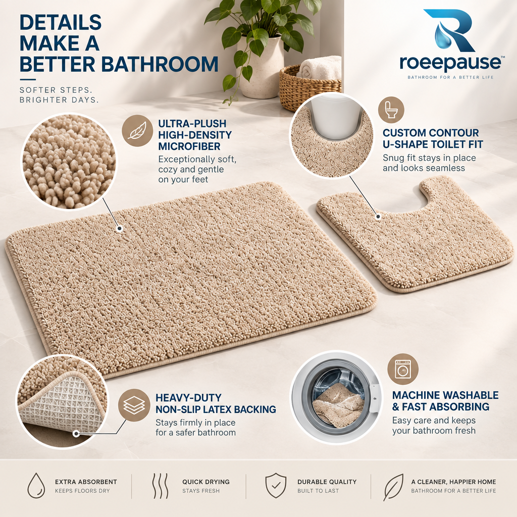 roeepause™ VelvetStep Plush Contour Bath Mat 2-Piece Set | 1800 GSM High-Density Microfiber Chenille Vanity Rug & Ergonomic U-Shaped Toilet Base with Heavy-Duty Non-Slip Latex Backing