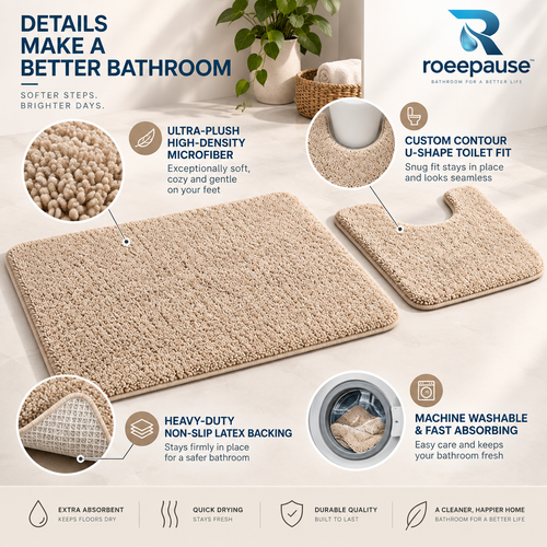 roeepause™ VelvetStep Plush Contour Bath Mat 2-Piece Set | 1800 GSM High-Density Microfiber Chenille Vanity Rug & Ergonomic U-Shaped Toilet Base with Heavy-Duty Non-Slip Latex Backing