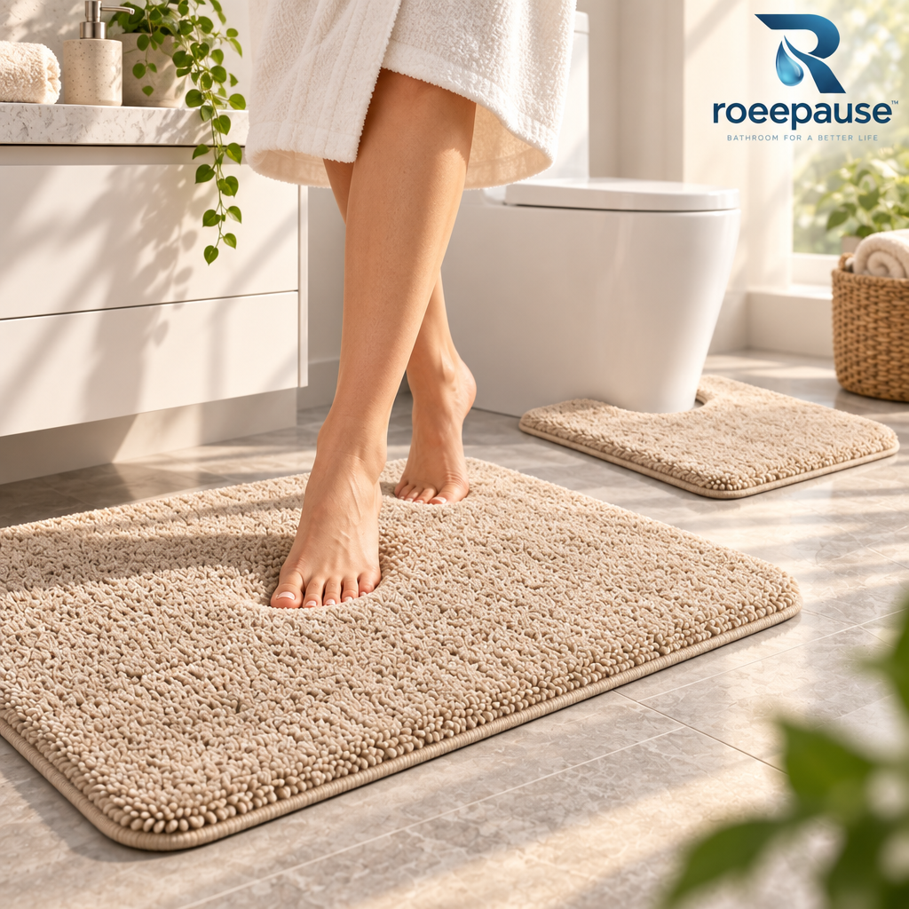 roeepause™ VelvetStep Plush Contour Bath Mat 2-Piece Set | 1800 GSM High-Density Microfiber Chenille Vanity Rug & Ergonomic U-Shaped Toilet Base with Heavy-Duty Non-Slip Latex Backing