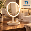 roeepause™ GlowLux Minimalist LED Makeup Mirror Tray | Ra≥95 Full-Spectrum Daylight Ring with 3-Tone Stepless Dimming, 360° Tilt Swivel & Integrated Matte Oat Storage Tray (USB-C Rechargeable)