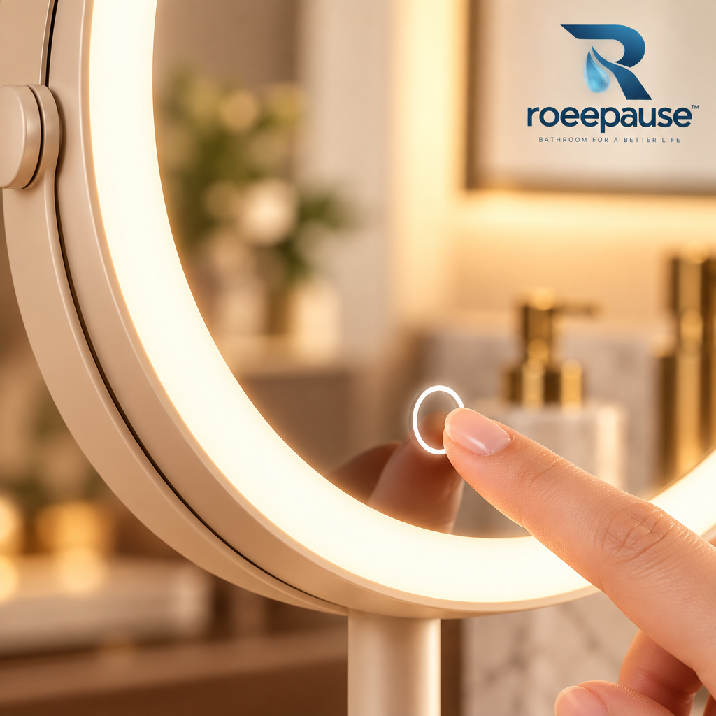 roeepause™ GlowLux Minimalist LED Makeup Mirror Tray | Ra≥95 Full-Spectrum Daylight Ring with 3-Tone Stepless Dimming, 360° Tilt Swivel & Integrated Matte Oat Storage Tray (USB-C Rechargeable)
