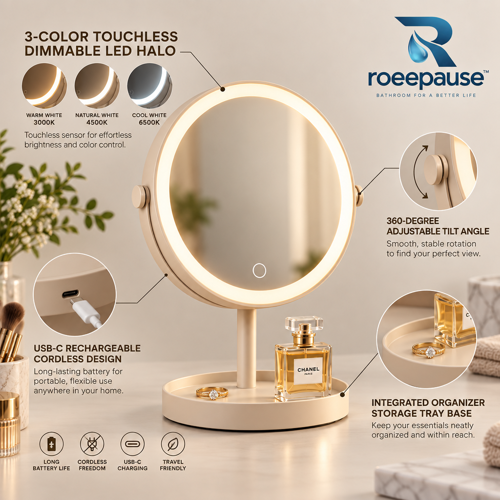 roeepause™ GlowLux Minimalist LED Makeup Mirror Tray | Ra≥95 Full-Spectrum Daylight Ring with 3-Tone Stepless Dimming, 360° Tilt Swivel & Integrated Matte Oat Storage Tray (USB-C Rechargeable)