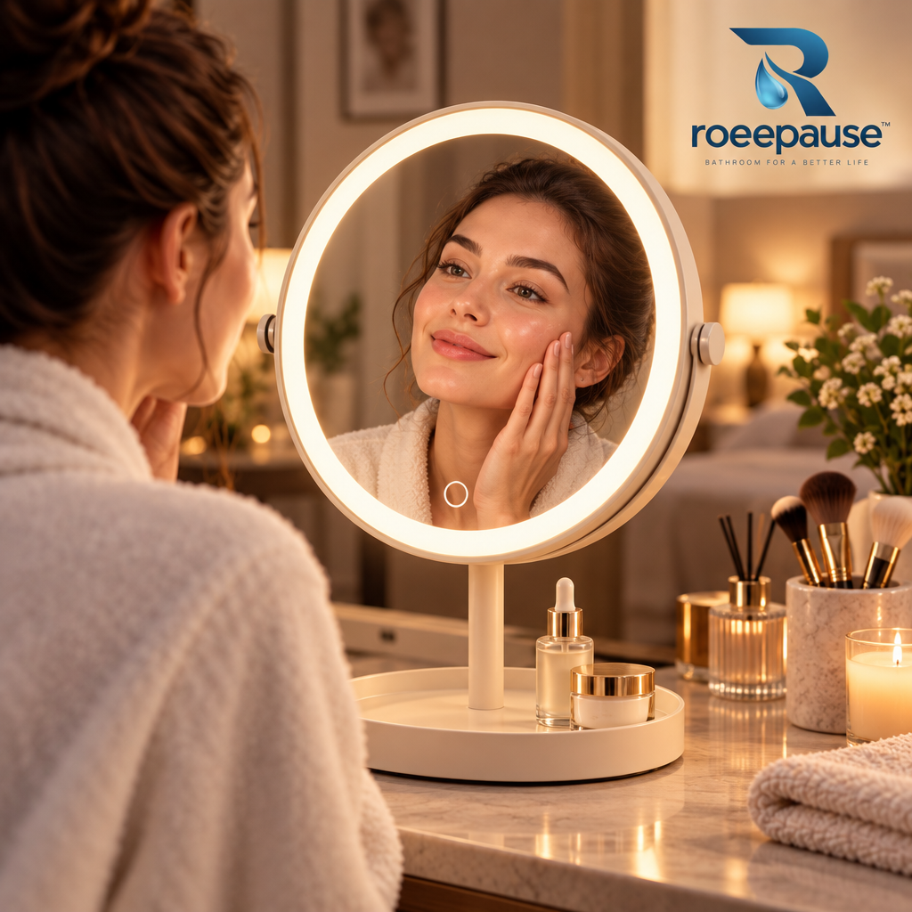 roeepause™ GlowLux Minimalist LED Makeup Mirror Tray | Ra≥95 Full-Spectrum Daylight Ring with 3-Tone Stepless Dimming, 360° Tilt Swivel & Integrated Matte Oat Storage Tray (USB-C Rechargeable)