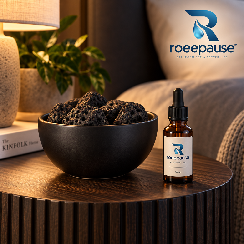 roeepause™ AromaStone Volcanic Lava Essential Oil Diffuser | Handcrafted Matte Black Stoneware Ceramic Vessel with Natural Vesicular Basalt Rocks & Pure Botanical Essential Oil (Heat-Free Cold Diffusion)