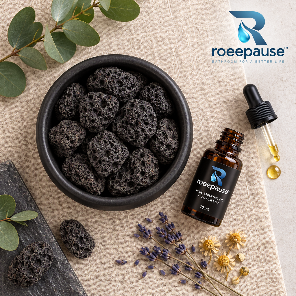 roeepause™ AromaStone Volcanic Lava Essential Oil Diffuser | Handcrafted Matte Black Stoneware Ceramic Vessel with Natural Vesicular Basalt Rocks & Pure Botanical Essential Oil (Heat-Free Cold Diffusion)