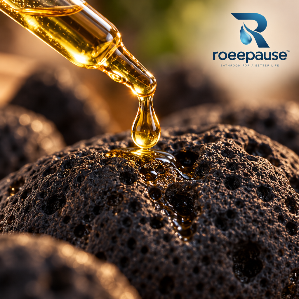 roeepause™ AromaStone Volcanic Lava Essential Oil Diffuser | Handcrafted Matte Black Stoneware Ceramic Vessel with Natural Vesicular Basalt Rocks & Pure Botanical Essential Oil (Heat-Free Cold Diffusion)
