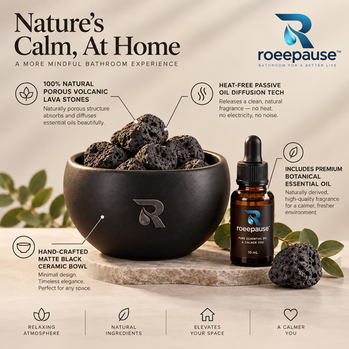 roeepause™ AromaStone Volcanic Lava Essential Oil Diffuser | Handcrafted Matte Black Stoneware Ceramic Vessel with Natural Vesicular Basalt Rocks & Pure Botanical Essential Oil (Heat-Free Cold Diffusion)