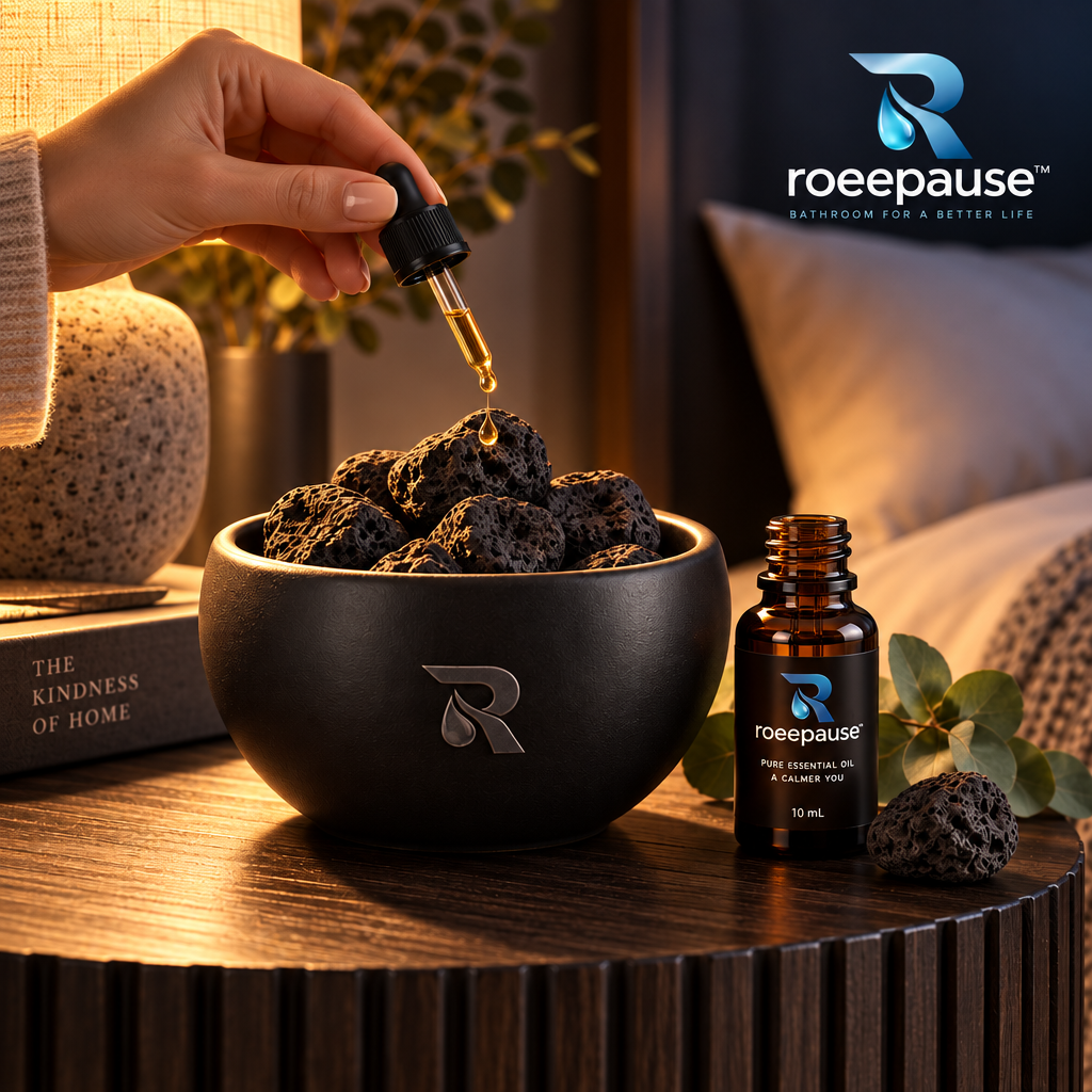 roeepause™ AromaStone Volcanic Lava Essential Oil Diffuser | Handcrafted Matte Black Stoneware Ceramic Vessel with Natural Vesicular Basalt Rocks & Pure Botanical Essential Oil (Heat-Free Cold Diffusion)