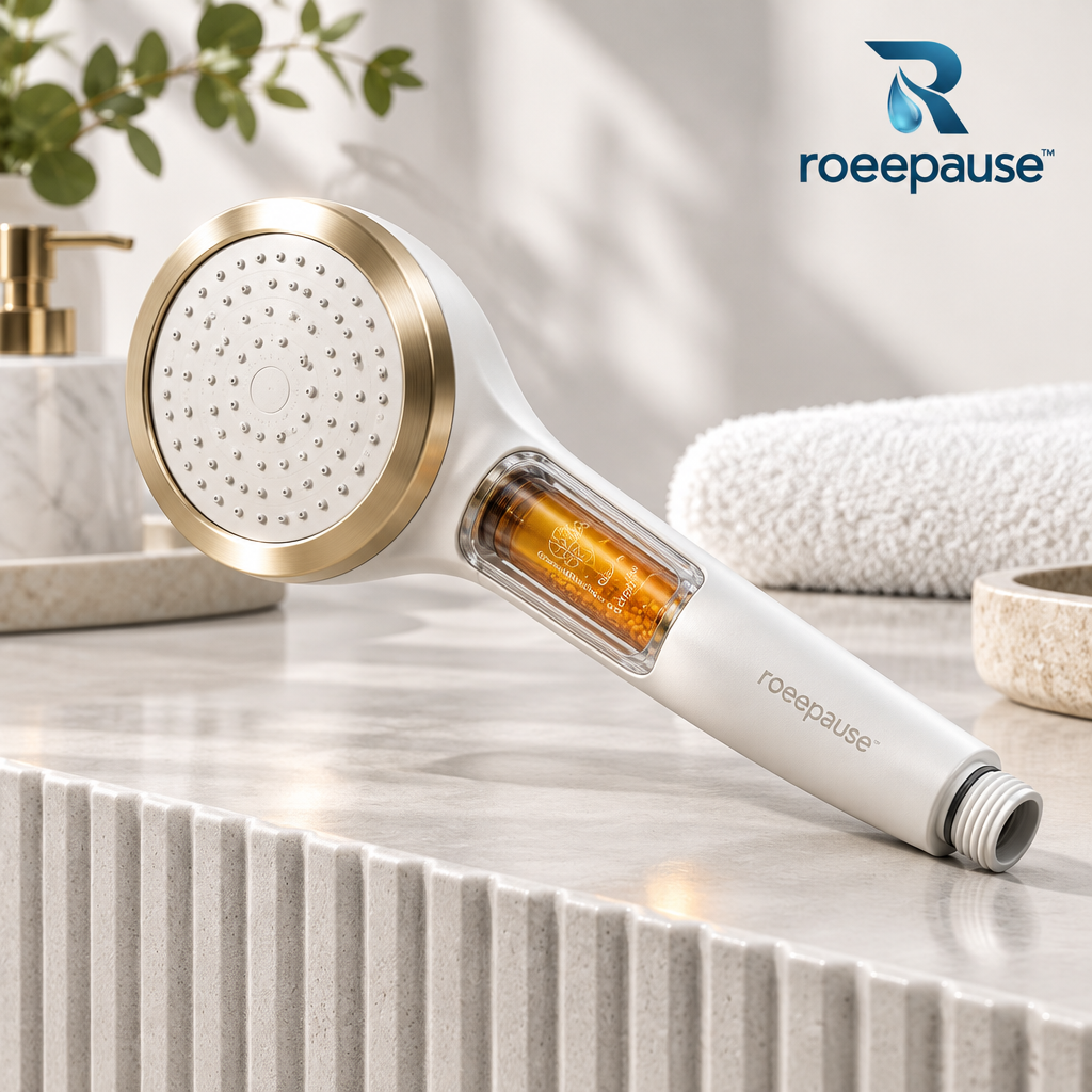 roeepause™ AquaAroma Handheld Showerhead | Dechlorinating Vitamin C & Botanical Essential Oil Filter Wand with 0.2mm Hydraulic Micro-Nozzles & Brushed Champagne-Gold Bezel