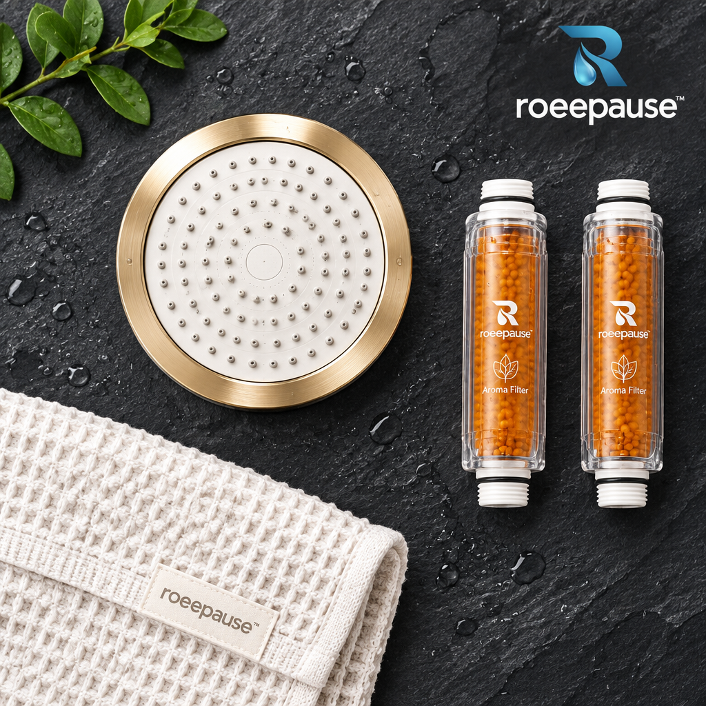 roeepause™ AquaAroma Handheld Showerhead | Dechlorinating Vitamin C & Botanical Essential Oil Filter Wand with 0.2mm Hydraulic Micro-Nozzles & Brushed Champagne-Gold Bezel