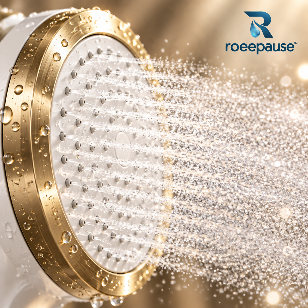 roeepause™ AquaAroma Handheld Showerhead | Dechlorinating Vitamin C & Botanical Essential Oil Filter Wand with 0.2mm Hydraulic Micro-Nozzles & Brushed Champagne-Gold Bezel
