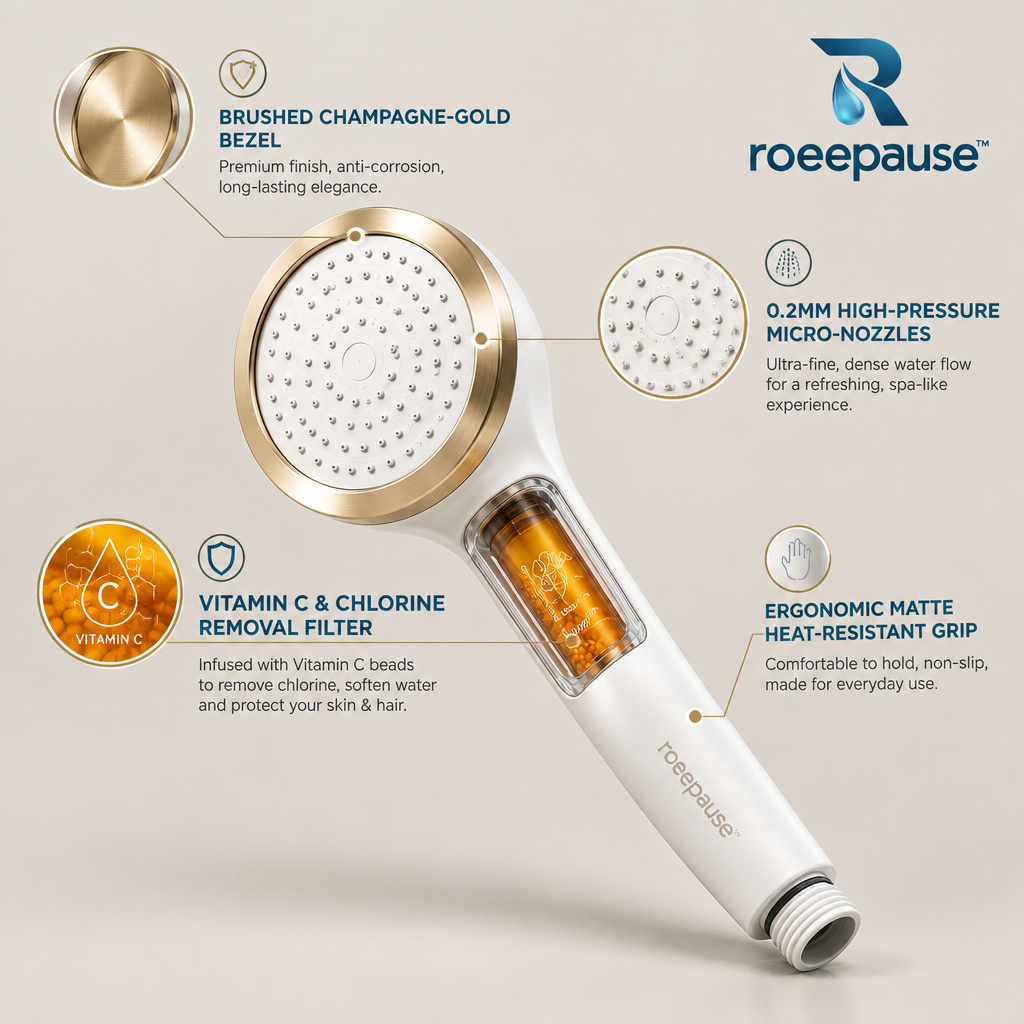 roeepause™ AquaAroma Handheld Showerhead | Dechlorinating Vitamin C & Botanical Essential Oil Filter Wand with 0.2mm Hydraulic Micro-Nozzles & Brushed Champagne-Gold Bezel