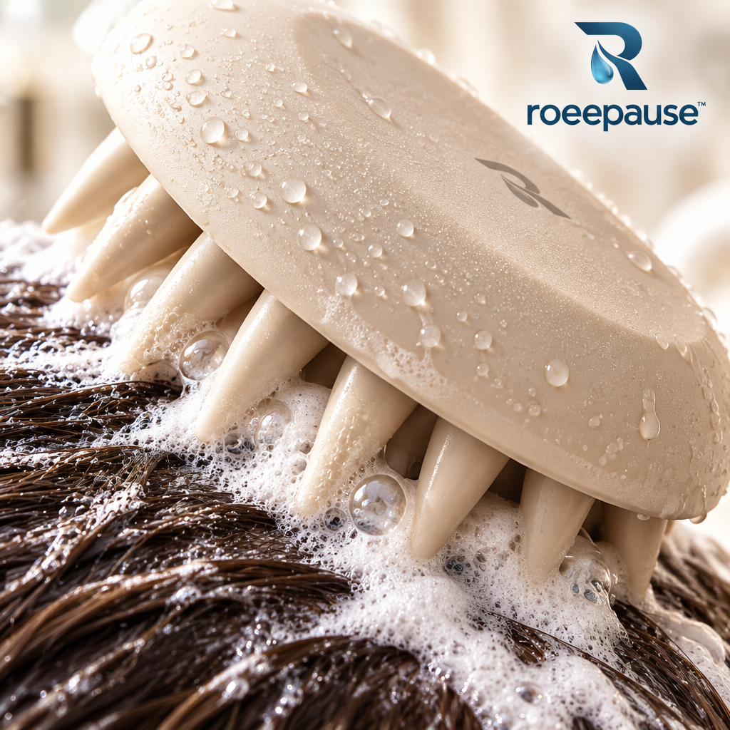 roeepause™ ZenScrub Magnetic Scalp Massage Brush | 100% Food-Grade Liquid Silicone Pebble Exfoliator with 19 Conical Shiatsu Nodes & Floating Wall Dock