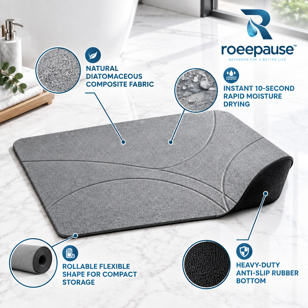 roeepause™ InstantDry Flexible Diatomite Bath Runner | 10-Second Rapid Desiccation Nanoporous Mineral Mat with Rollable Composite Core & Bionic Anti-Slip Base