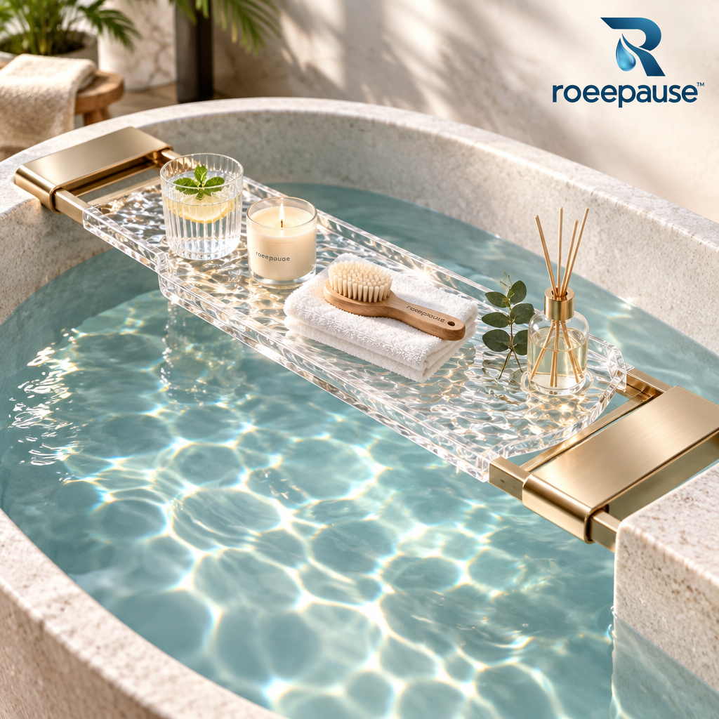 roeepause™ PureHaven Expandable Bathtub Caddy | 12mm Water-Ripple Heavy-Duty Cast Acrylic Spa Tray with Rustproof Brushed Champagne-Gold Telescoping Arms (Fits 70–105cm Tubs)