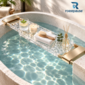 roeepause™ PureHaven Expandable Bathtub Caddy | 12mm Water-Ripple Heavy-Duty Cast Acrylic Spa Tray with Rustproof Brushed Champagne-Gold Telescoping Arms (Fits 70–105cm Tubs)