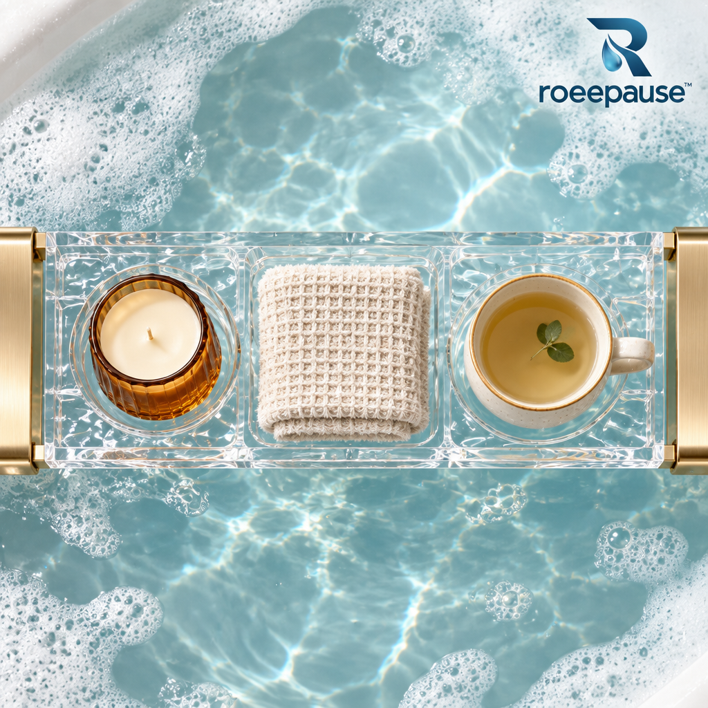 roeepause™ PureHaven Expandable Bathtub Caddy | 12mm Water-Ripple Heavy-Duty Cast Acrylic Spa Tray with Rustproof Brushed Champagne-Gold Telescoping Arms (Fits 70–105cm Tubs)