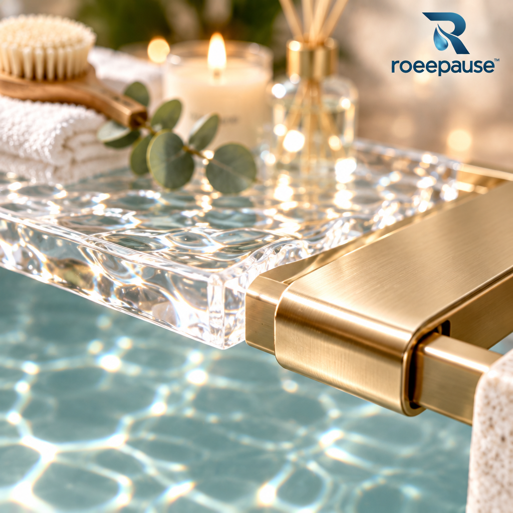 roeepause™ PureHaven Expandable Bathtub Caddy | 12mm Water-Ripple Heavy-Duty Cast Acrylic Spa Tray with Rustproof Brushed Champagne-Gold Telescoping Arms (Fits 70–105cm Tubs)