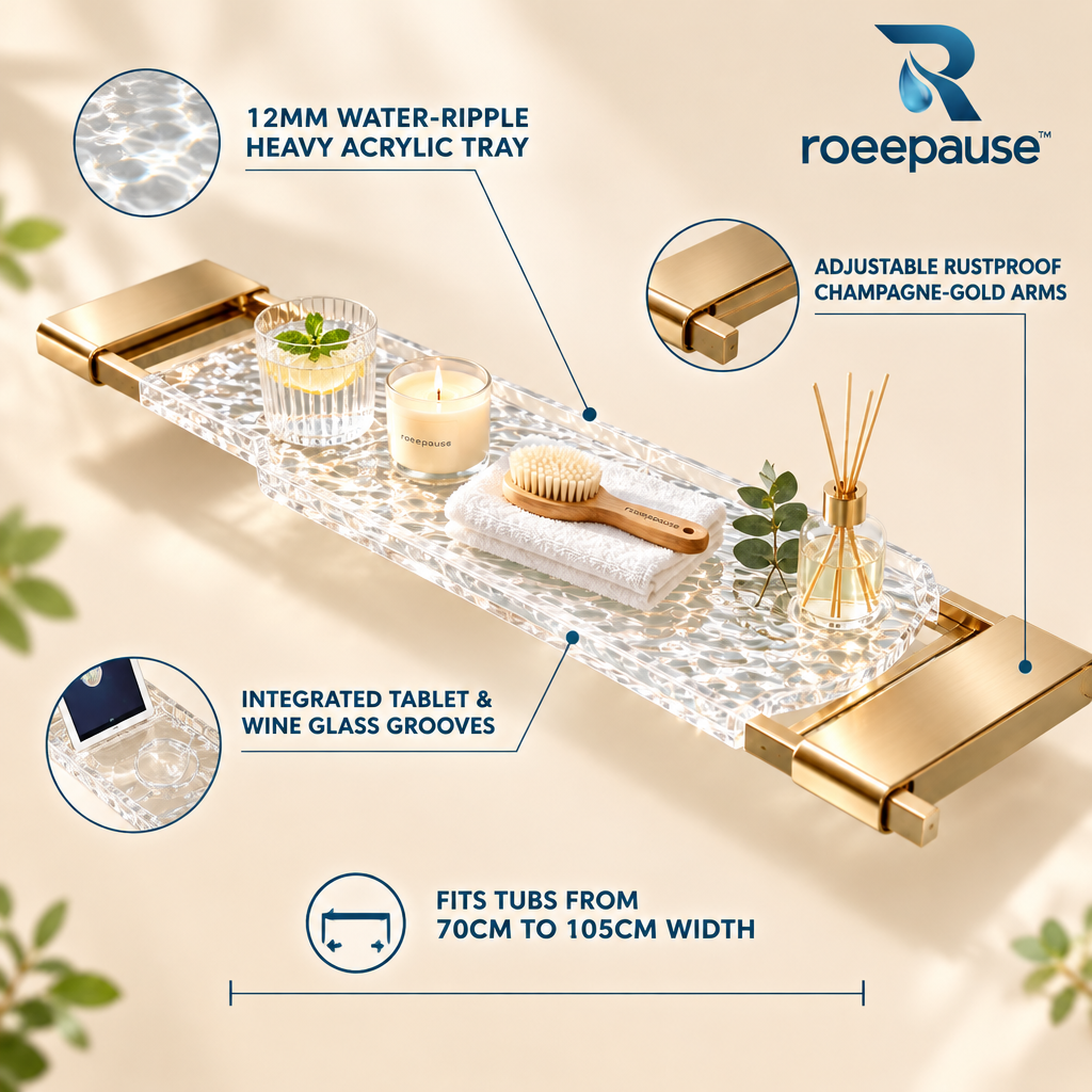 roeepause™ PureHaven Expandable Bathtub Caddy | 12mm Water-Ripple Heavy-Duty Cast Acrylic Spa Tray with Rustproof Brushed Champagne-Gold Telescoping Arms (Fits 70–105cm Tubs)