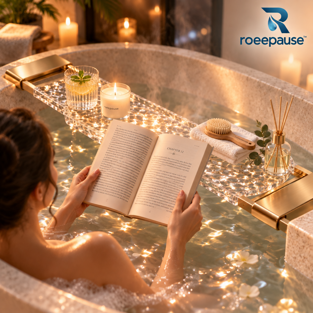 roeepause™ PureHaven Expandable Bathtub Caddy | 12mm Water-Ripple Heavy-Duty Cast Acrylic Spa Tray with Rustproof Brushed Champagne-Gold Telescoping Arms (Fits 70–105cm Tubs)