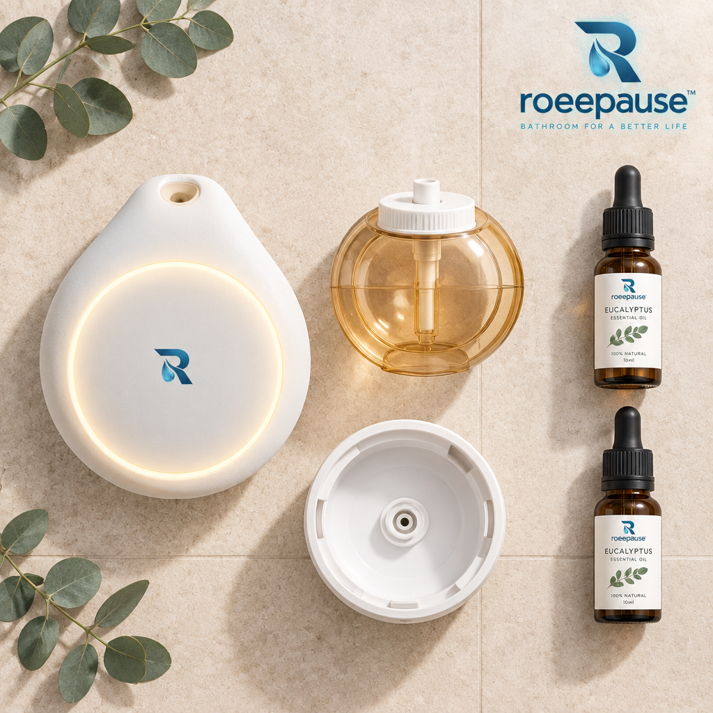 roeepause™ OasisMist Wall-Mounted Shower Aromatherapy Diffuser | IPX7 Waterproof Ultrasonic Cold-Mist Spa Nebulizer with Warm Ambient Breathing Halo Light & Magnetic Quick-Release Tank