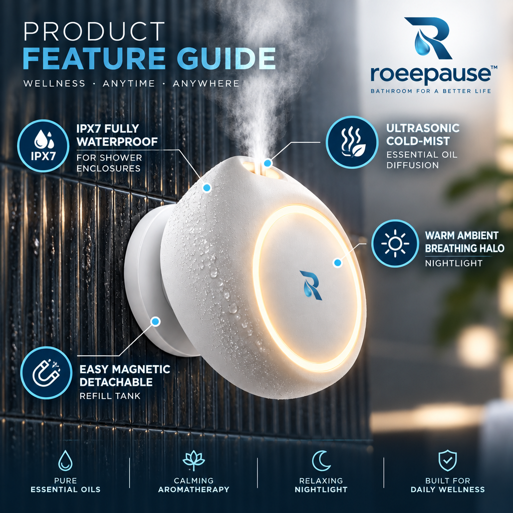 roeepause™ OasisMist Wall-Mounted Shower Aromatherapy Diffuser | IPX7 Waterproof Ultrasonic Cold-Mist Spa Nebulizer with Warm Ambient Breathing Halo Light & Magnetic Quick-Release Tank