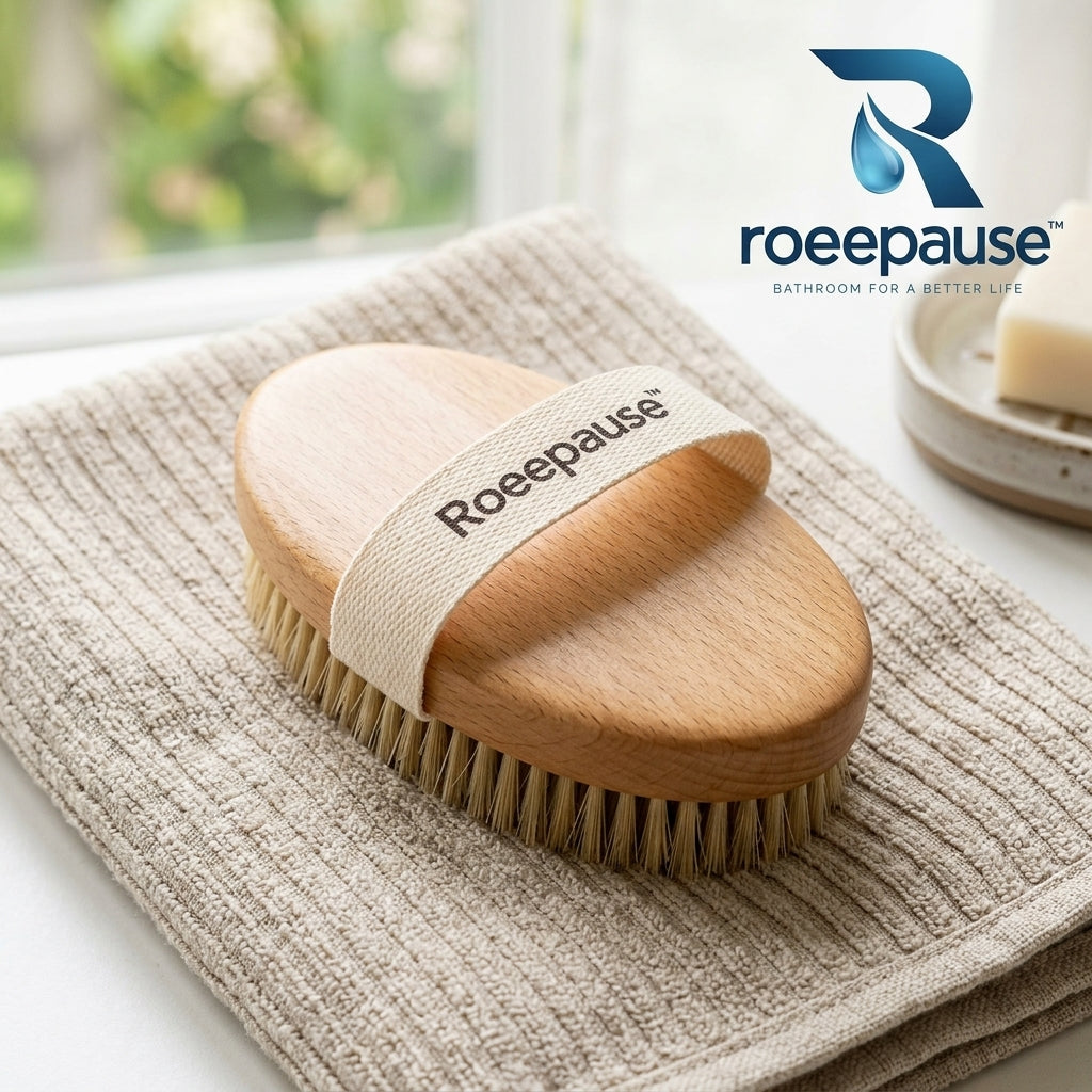 roeepause™ SilkySweep Natural Boar Bristle Body Brush | Ergonomic Palm-Fit Solid Beechwood Dry Brush with 100% First-Cut Natural Bristles & Woven Cotton Grip Strap
