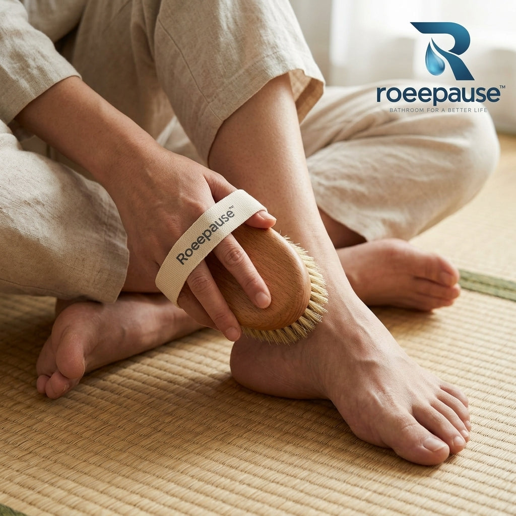 roeepause™ SilkySweep Natural Boar Bristle Body Brush | Ergonomic Palm-Fit Solid Beechwood Dry Brush with 100% First-Cut Natural Bristles & Woven Cotton Grip Strap