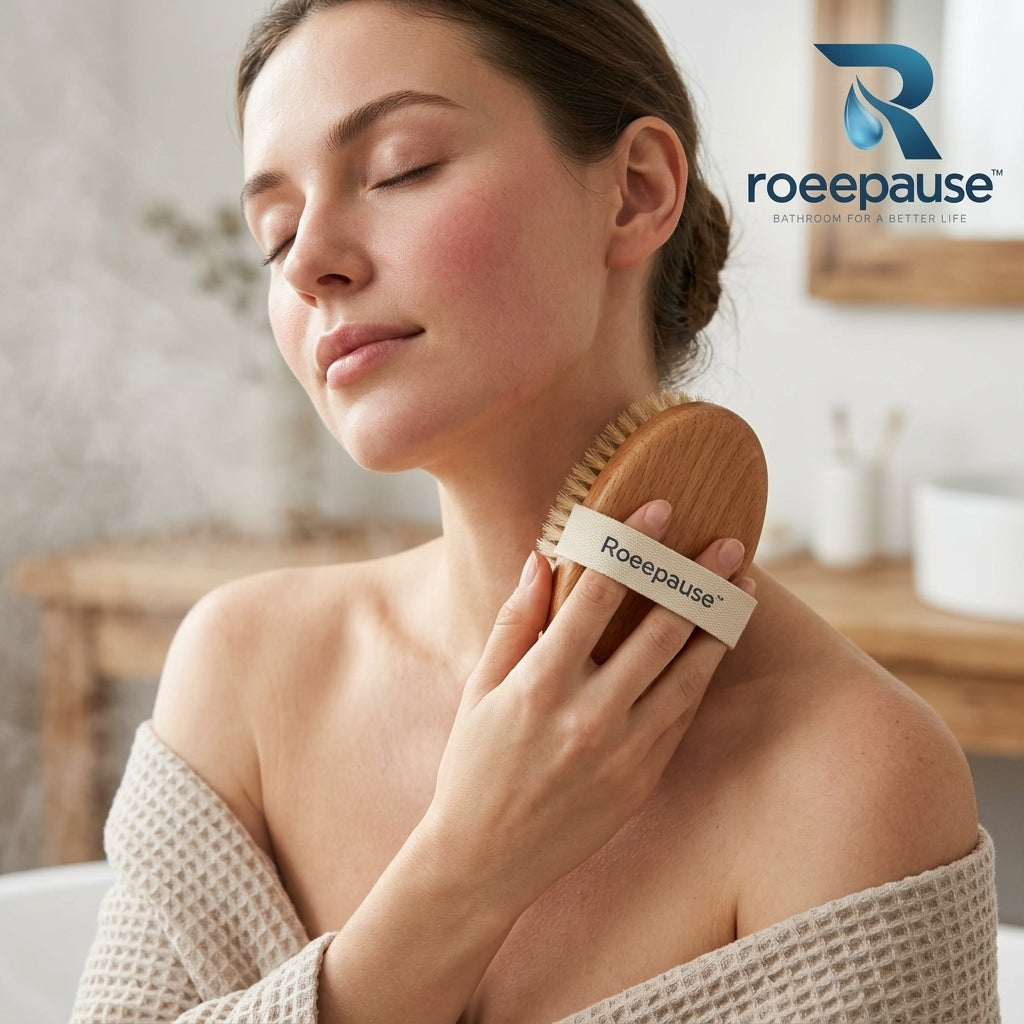 roeepause™ SilkySweep Natural Boar Bristle Body Brush | Ergonomic Palm-Fit Solid Beechwood Dry Brush with 100% First-Cut Natural Bristles & Woven Cotton Grip Strap