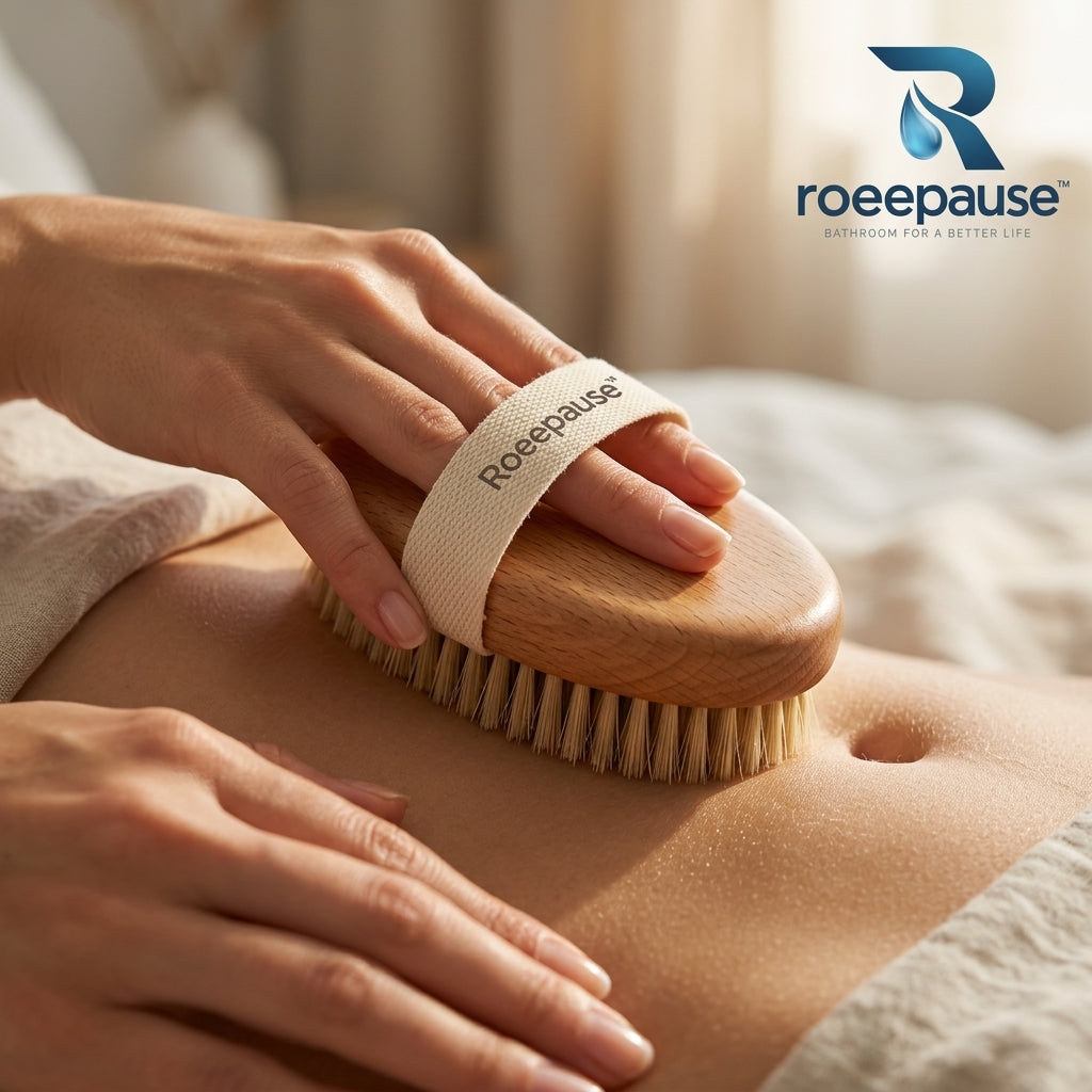 roeepause™ SilkySweep Natural Boar Bristle Body Brush | Ergonomic Palm-Fit Solid Beechwood Dry Brush with 100% First-Cut Natural Bristles & Woven Cotton Grip Strap
