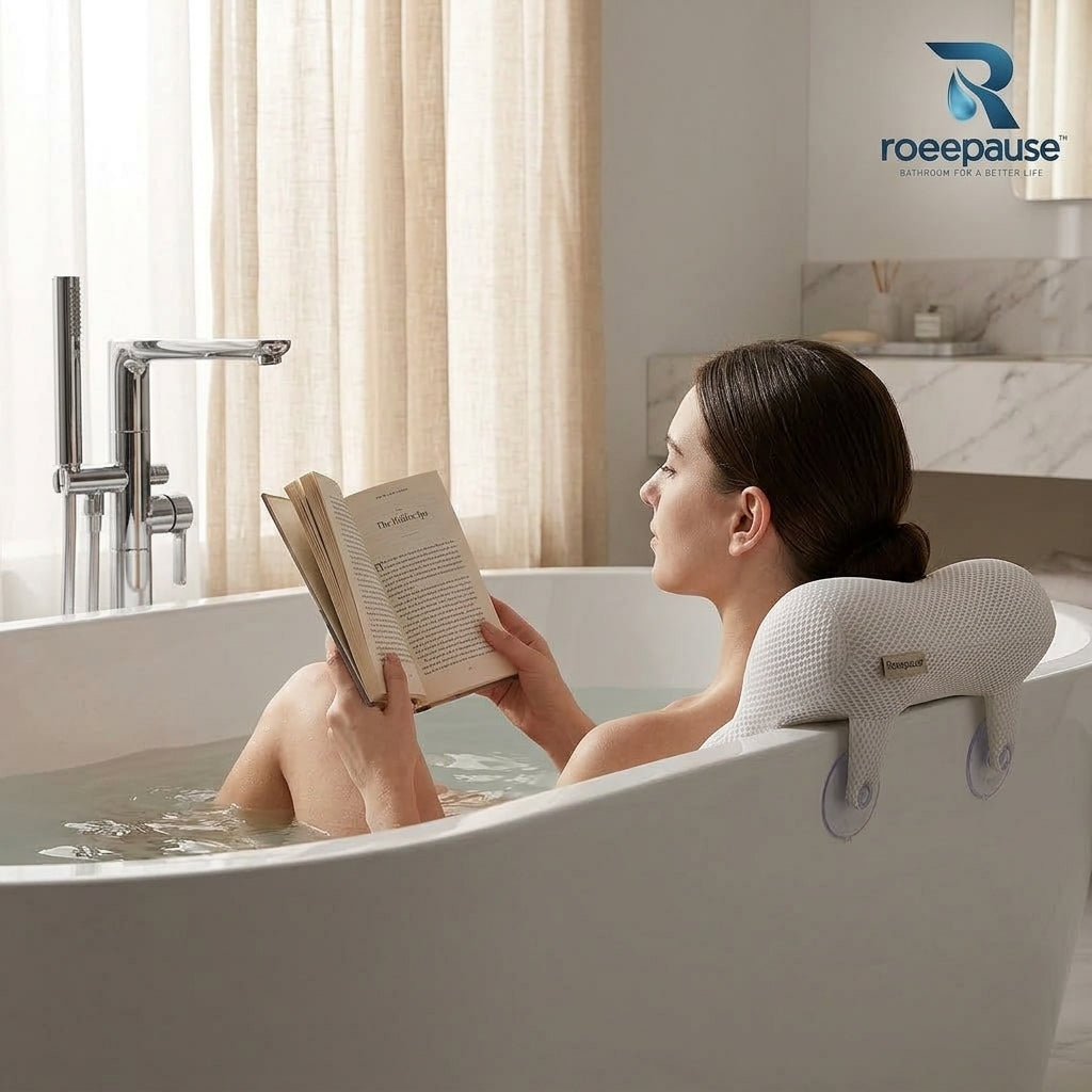 roeepause™ AquaGrip Ergonomic Bath Pillow | 4D Air Mesh Cervical Neck & Shoulder Support Spa Cushion with Heavy-Duty Vacuum Suction Anchors & Rapid-Drain Mesh