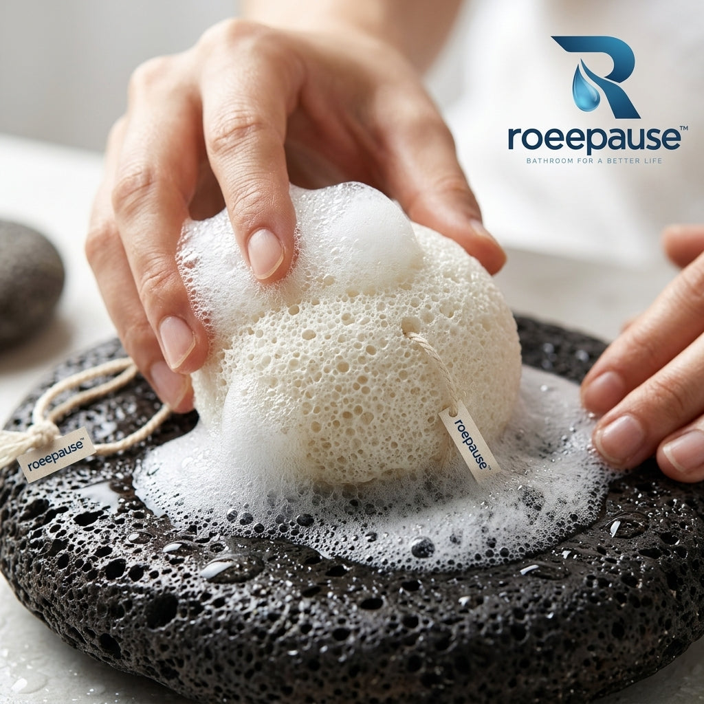 roeepause™ PureTouch Konjac Plant Sponge | 100% High-Altitude Organic Konjac Root Fiber Face & Body Cleanser with Water-Gel Cushion Barrier & Natural Hanging Cord